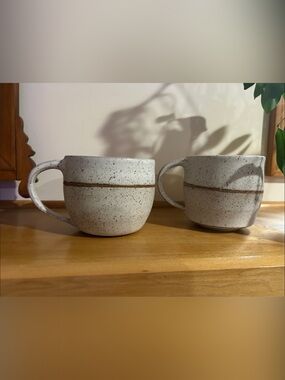 Speckled Ceramic Mugs with Brown Accent Stripe - Set of 2